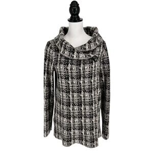 Christian Siriano Plaid Cowl Neck Sweater Womens Medium Grey Wool Blend Button